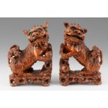 A PAIR OF CHINESE CARVED HARDWOOD FOO DOGS with glass eyes 33cm high 24cm wide