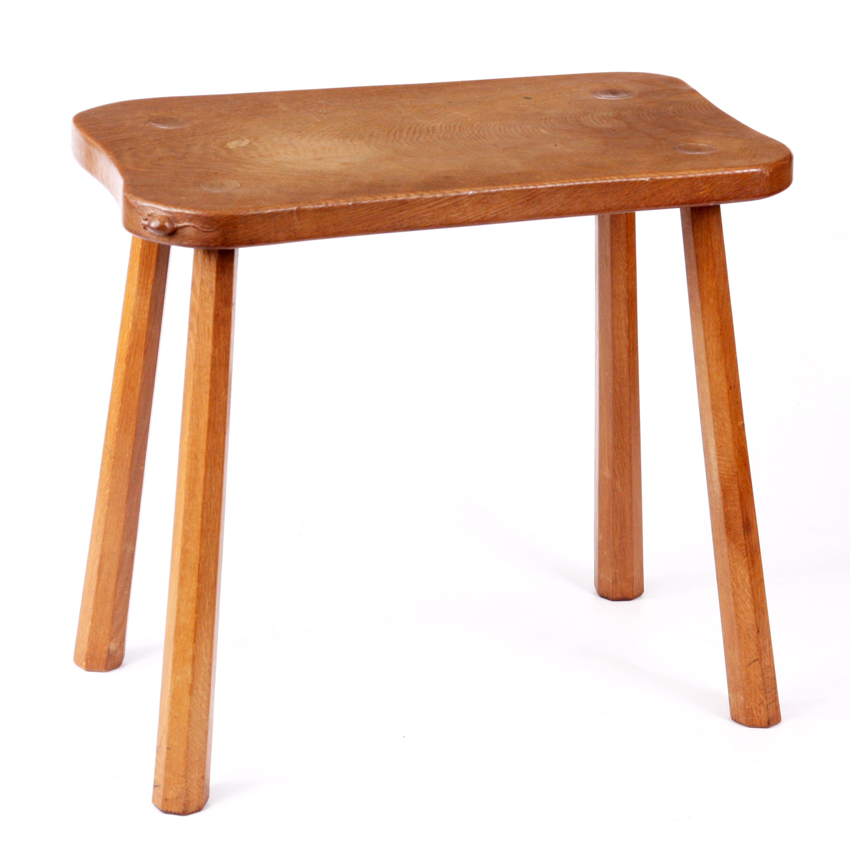 A ROBERT “MOUSEMAN” THOMPSON AZED OAK SIDE TABLE with dished shaped top, standing on hexagonal