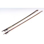 AN ANTIQUE CELLO BOW with octagonal stick and ebony frog with inlaid mother of pearl together with