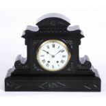 A 19TH CENTURY FRENCH LARGE BLACK SLATE MANTEL CLOCK WITH GREEN SHAPED PANEL INLAYS. The