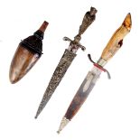 A HUNTING KNIFE WITH DEER FOOT HAND GRIP and leather sheath: A NICKLE HANDLED KNIFE formed as a