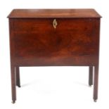 AN UNUSUAL GEORGE III RECTANGULAR FIGURED MAHOGANY COUNTY HOUSE WINE COOLER with hinged cleated edge