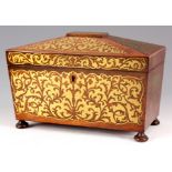 A REGENCY SARCOPHAGUS SHAPED ROSEWOOD AND BRASS INLAID TEA CADDY with a fully fitted lined