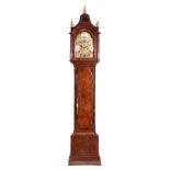 ROBERT HIGGS, LONDON A GEORGE II FIGURED WALNUT 8 DAY LONGCASE CLOCK the arched 12” brass dial