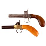 TWO GEORGE III POCKET PISTOLS, one being brass and steel with later stock, and a steel pistol with