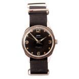 A GENTLEMAN'S MILITARY STAINLESS STEEL HMT JAWAN WRISTWATCH on original strap having black dial with