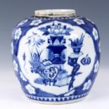 A LARGE KANG SHI PERIOD CHINESE BLUE AND WHITE GINGER JAR depicting antiquities and scholars table