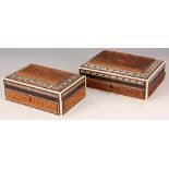 TWO ANGLO-INDIAN SANDALWOOD, ROSEWOOD AND IVORY BOXES both having hinged lids with carved scenes