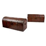 AN UNUSUAL PAIR OF EARLY 18TH CENTURY STUDDED LEATHER DOMED TOP TRAVELLING TRUNKS with hinged lids