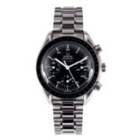 A GENTLEMAN'S OMEGA SPEEDMASTER WRISTWATCH on steel strap with black dial having chronograph