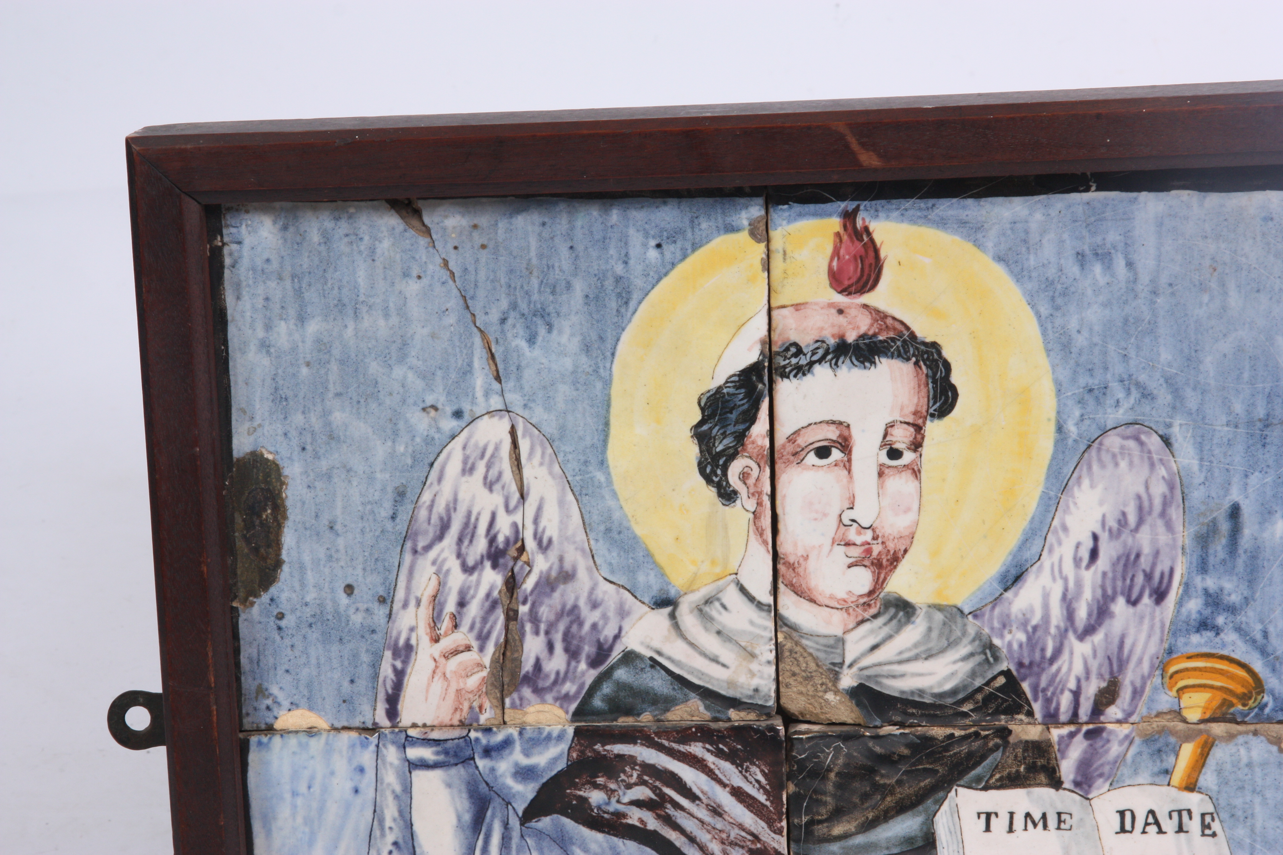 A 17TH CENTURY ITALIAN MAJOLICA POLYCHROME TILE PICTURE OF A SAINT in a mahogany frame 42.5cm - Image 2 of 5