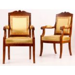 A FINE PAIR OF EARLY 19TH CENTURY CONTINENTAL AMBOYNA AND ROSEWOOD INLAID ARMCHAIRS in the style