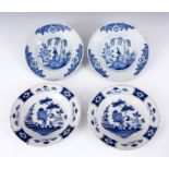 TWO PAIRS OF 18TH CENTURY DUTCH DELFT PLATES with tree lined landscape centres and floral panelled