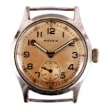 A GENTLEMAN’S WW2 MILITARY CHROME PLATED MOERIS WRISTWATCH having silvered dial with Arabic numerals