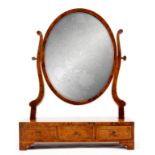 AN EARLY 19TH CENTURY YEW WOOD AND BOX WOOD STRUNG INLAID TOILET MIRROR with oval bevelled mirror