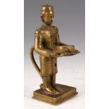 ANTIQUE INDIAN BRONZE INCENSE BURNER formed as a servant holding a tray with handle to the rear 18cm