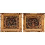 A PAIR OF 18TH CENTURY WOOLWORK TAPESTRIES depicting a lady and a gentleman in garden settings