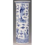 A 19th CENTURY CHINESE BLUE AND WHITE SLEEVE VASE with rare decoration of Deity with sea creatures