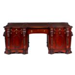 A LARGE 20th CENTURY CHIPPENDALE STYLE MAHOGANY PARTNERS DESK the moulded rectangular top inset with