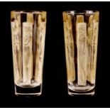 R LALIQUE, A PAIR OF SIX FIGURINE SEPIA STAINED SHOT GLASSES decorated with carved panels of young