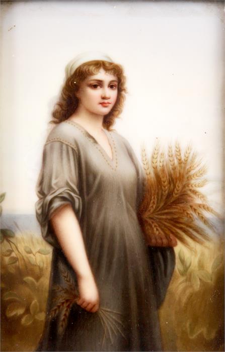 A 19TH CENTURY BERLIN TYPE PORCELAIN PLAQUE painted with a young maiden carrying a sheaf of corn - Image 2 of 6