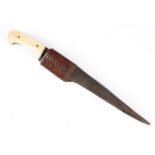 A 18TH CENTURY MID SHIPMANS DURK with single edge steel blade, bone handle, and leather sheaf; the