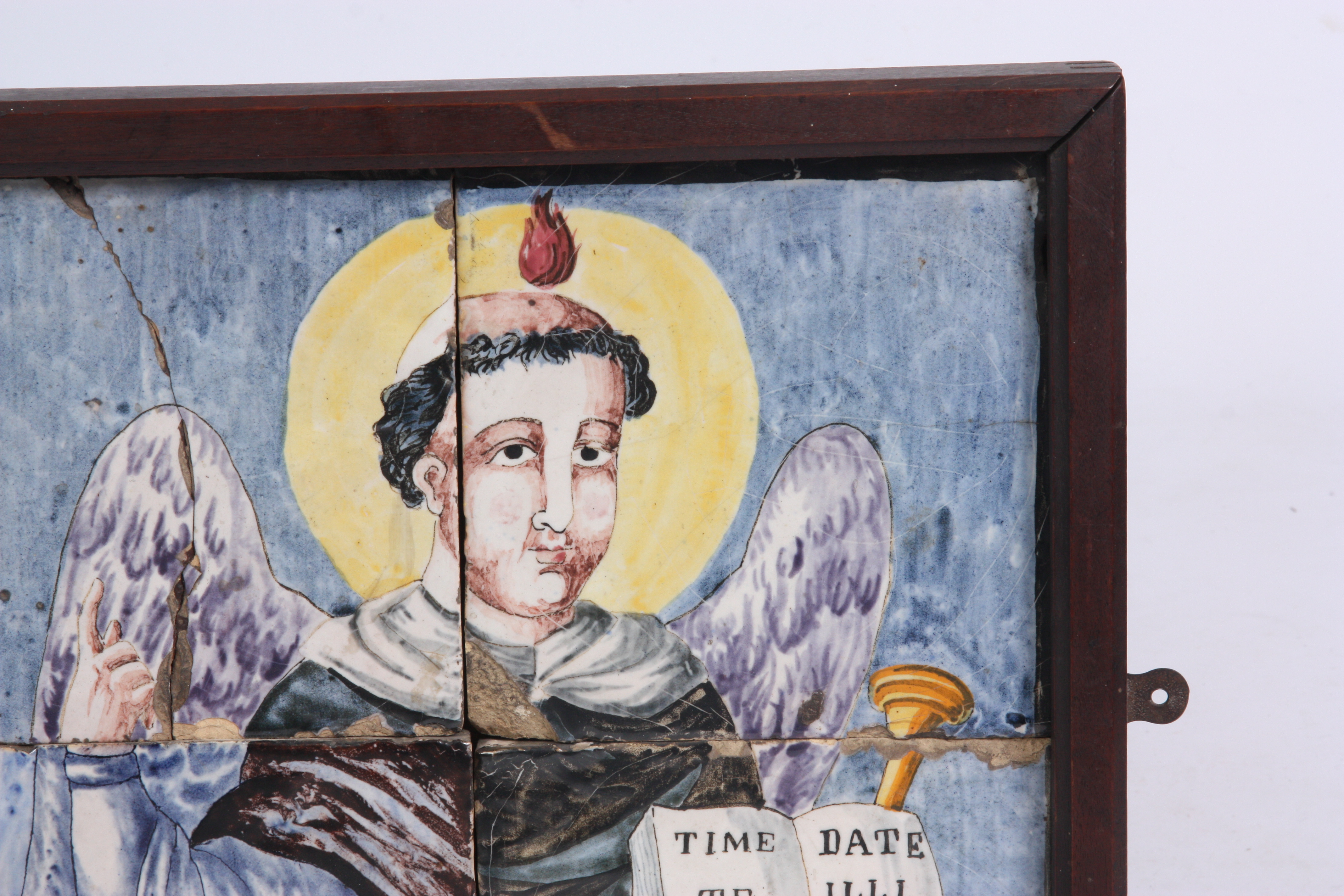 A 17TH CENTURY ITALIAN MAJOLICA POLYCHROME TILE PICTURE OF A SAINT in a mahogany frame 42.5cm - Image 4 of 5