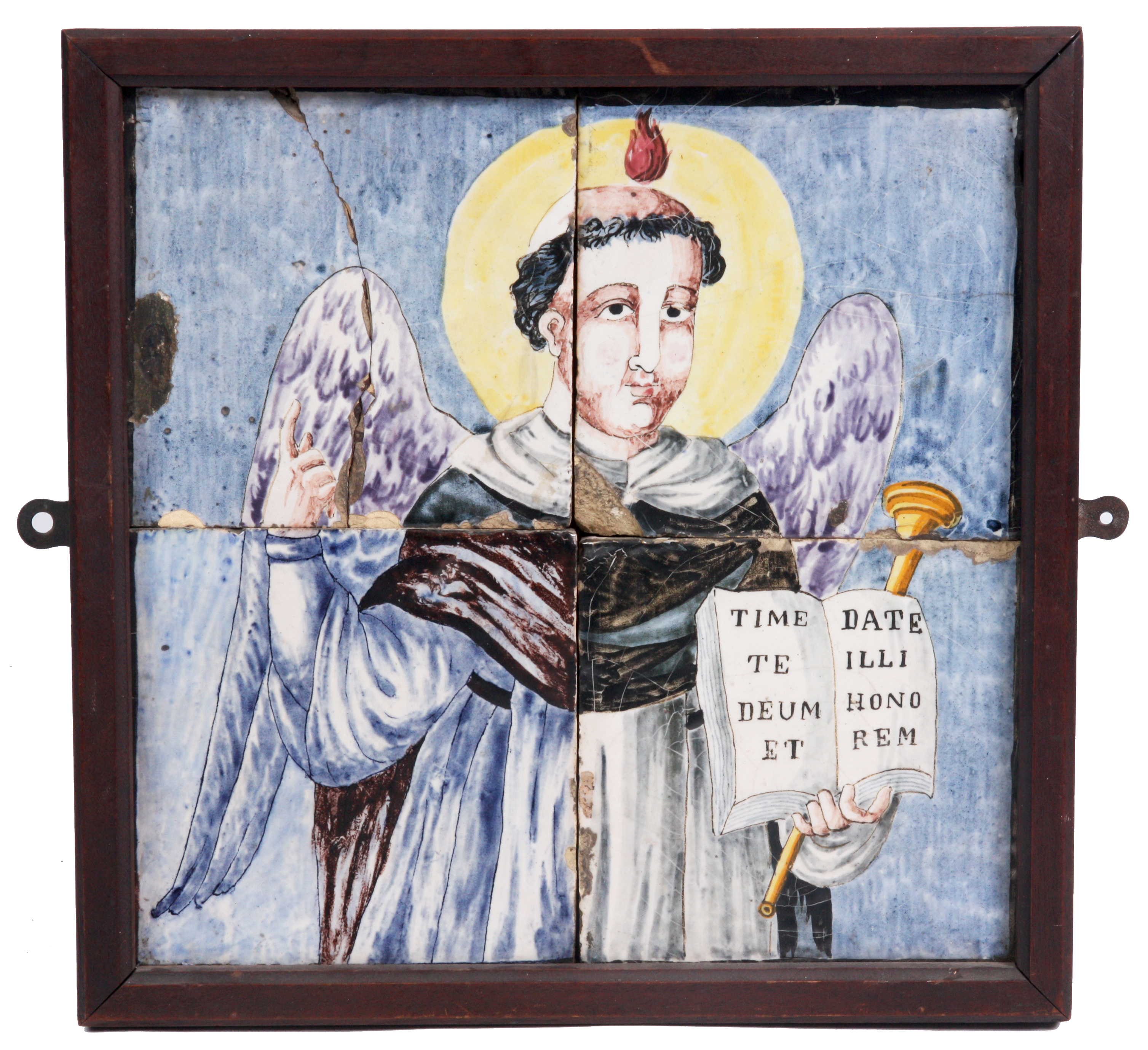 A 17TH CENTURY ITALIAN MAJOLICA POLYCHROME TILE PICTURE OF A SAINT in a mahogany frame 42.5cm