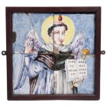 A 17TH CENTURY ITALIAN MAJOLICA POLYCHROME TILE PICTURE OF A SAINT in a mahogany frame 42.5cm
