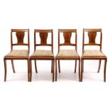 A SET OF FOUR EARLY 19TH CENTURY INLAID BURR OAK DINING ROOM CHAIRS in the manner of George