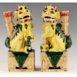 A PAIR OF CHINESE FAMILLE VERTE INCENSE HOLDERS MODELLED AS TEMPLE DOGS standing on plinth base 32cm