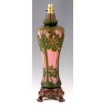 A STYLISH ART NOUVEAU STYLE CAMEO ‘HORSE CHESTNUT’ PINK AND GREEN GLASS LAMP BASE with leaf work