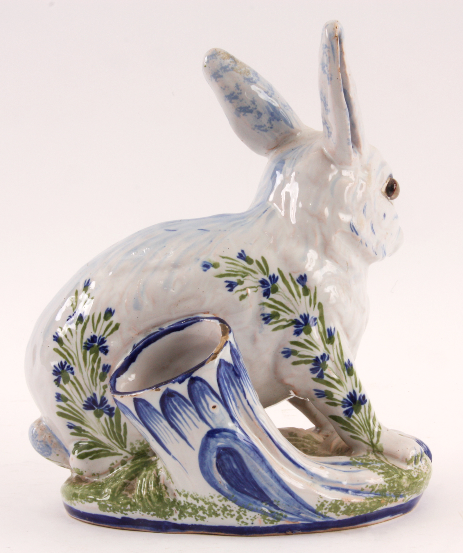 A DELFT STYLE GLAZED SEATED RABBIT with amber eyes and decorated flower spray decoration, the - Image 2 of 5