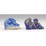 TWO ORIENTAL CARVED LAPIS LAZULI of goose and dragon, goose measures 6cm wide and dragon measures