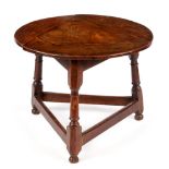 A 17TH CENTURY STYLE JOINED OAK TRIANGULAR DROP LEAF SMALL OCCASIONAL TABLE with swivelling top