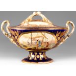 A 20TH CENTURY COPY OF A SEVRES STYLE SOUP TUREEN on a royal blue ground having floral gilt work and