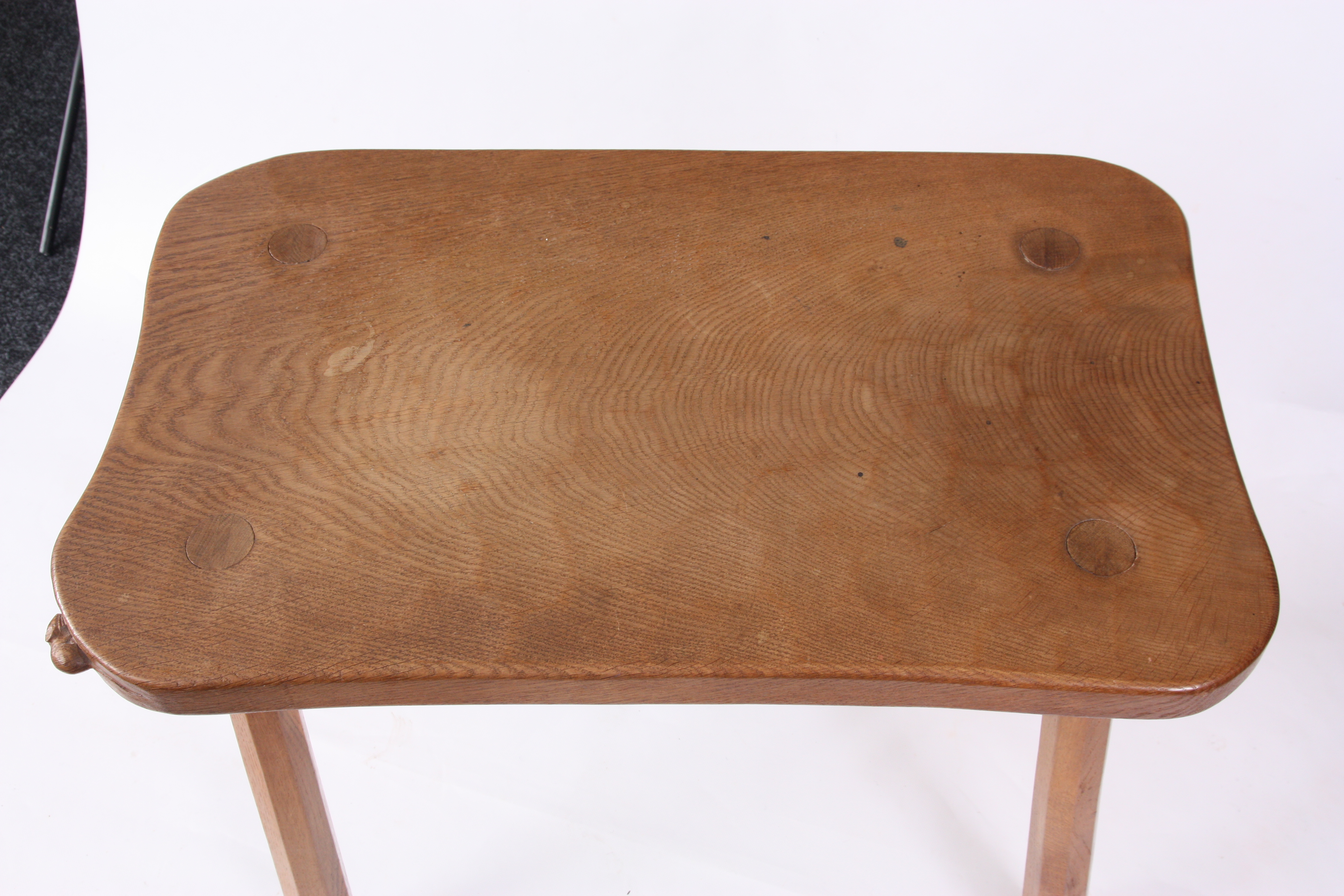A ROBERT “MOUSEMAN” THOMPSON AZED OAK SIDE TABLE with dished shaped top, standing on hexagonal - Image 3 of 3