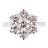 A LADIES 18CT WHITE GOLD SEVEN STONE MODERN BRILLIANT CUT DIAMOND CLUSTER RING diamond weight 3.00