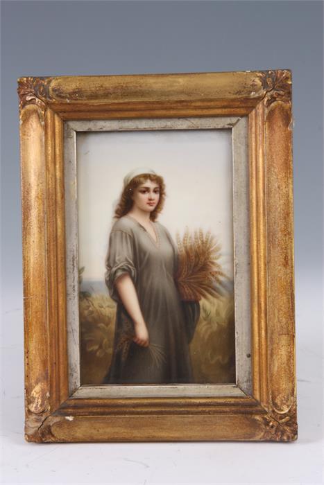 A 19TH CENTURY BERLIN TYPE PORCELAIN PLAQUE painted with a young maiden carrying a sheaf of corn - Image 3 of 6