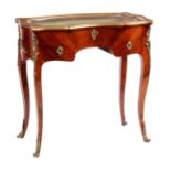 A 19TH CENTURY LOUIS XVI STYLE FRENCH KINGWOOD AND ORMOLU MOUNTED BIJOUTERIE TABLE with shaped bevel