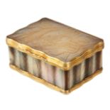 A 18TH CENTURY MOTHER OF PEARL AND GILT BRASS MOUNTED SERPENTINE SHAPED SNUFF BOX with hinged lid,