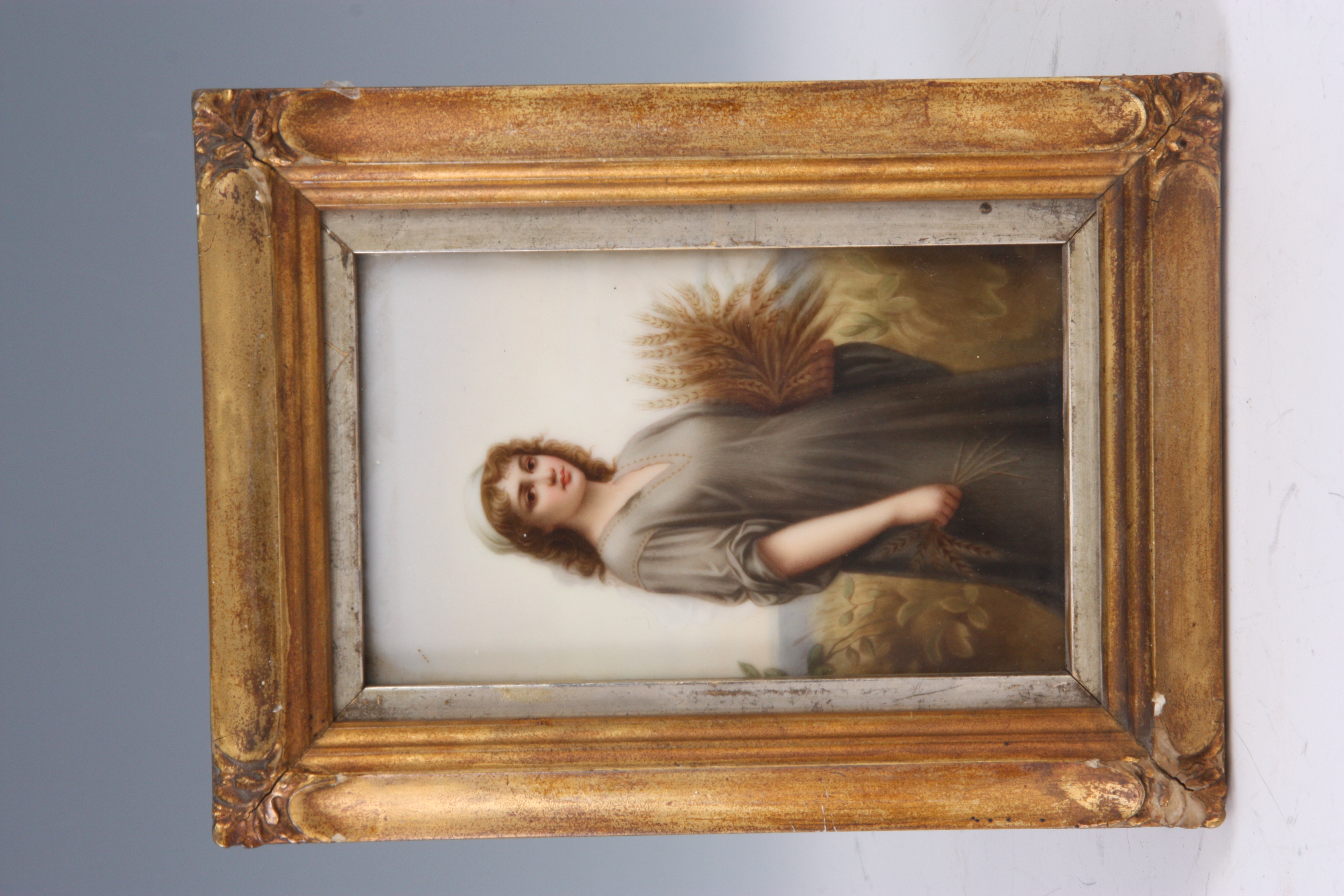 A 19TH CENTURY BERLIN TYPE PORCELAIN PLAQUE painted with a young maiden carrying a sheaf of corn - Image 5 of 6