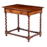 A WILLIAM AND MARY SOLID WALNUT SIDE TABLE having a cleated joined top above a dummy frieze