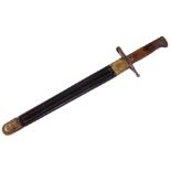 AN EARLY 20TH CENTURY BAYONET with wooden hand grip, single edged steel blade with large fuller