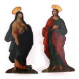 A PAIR OF LATE 18TH CENTURY ENGLISH POLYCHROME-PAINTED PINE DUMMY BOARDS formed as religious figures