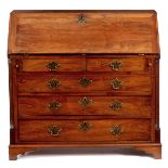 A LATE 18TH CENTURY FIGURED WALNUT LANCASHIRE BUREAU with an angled fall revealing a fitted interior