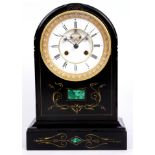 A 19TH CENTURY ARCH-TOP FRENCH BLACK SLATE MANTEL CLOCK with gilt strung decoration and inlaid
