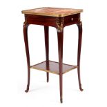 A MID 19TH CENTURY ORMOLU MOUNTED MAHOGANY LAMP TABLE the rouge veined marble with brass gallery top