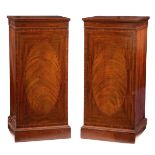 A PAIR OF GEORGE III INLAID AND CROSS-BANDED MAHOGANY SHERATON PEDASTALS with hinged doors inlaid