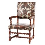 A 17TH CENTURY STYLE WALNUT OPEN ARMCHAIR OF GENEROUS SIZE with decorative painted leather padded